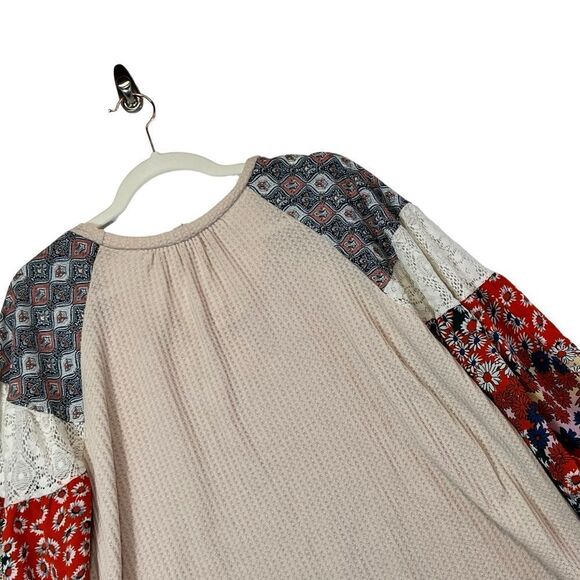 Umgee waffle Striped and Floral Color-block Puff Sleeve Top oversized fit small - Picture 10 of 13